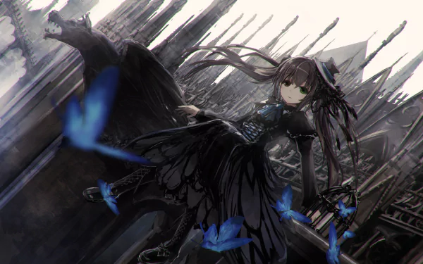An anime girl with heterochromia and green eyes, wearing a hat and dark clothing, stands by a gargoyle on a castle. She has long brown hair in twintails, with butterflies flitting around her.