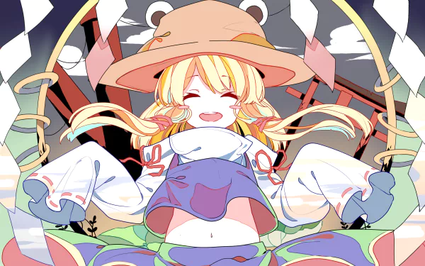 HD anime PC wallpaper featuring Suwako Moriya from Touhou, smiling brightly with vibrant colors and dynamic details in a detailed fantasy setting.