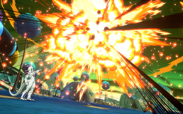 Frieza (Dragon Ball) watches a massive, fiery explosion amid floating planets in a vivid 4K Ultra HD PC desktop wallpaper from the Dragon Ball FighterZ video game.