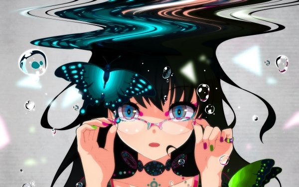Anime Girl Long Hair Black Hair Glasses Butterfly Blue Eyes Bubble HD Wallpaper | Background Image