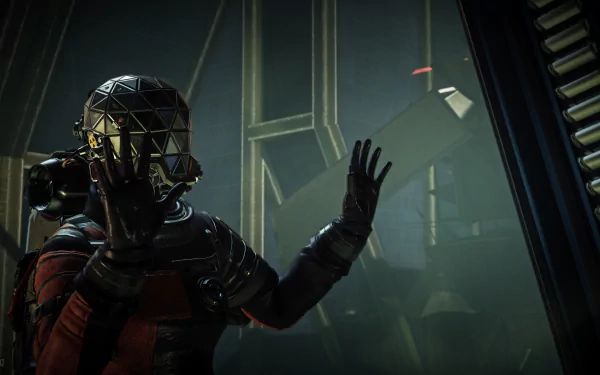 4K Ultra HD PC desktop wallpaper featuring a scene from the video game Prey, showing a character in a futuristic suit with hands raised in a dimly lit environment.