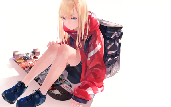 blue eyes bag skateboard blonde long hair Anime Original HD Desktop Wallpaper | Background Image
