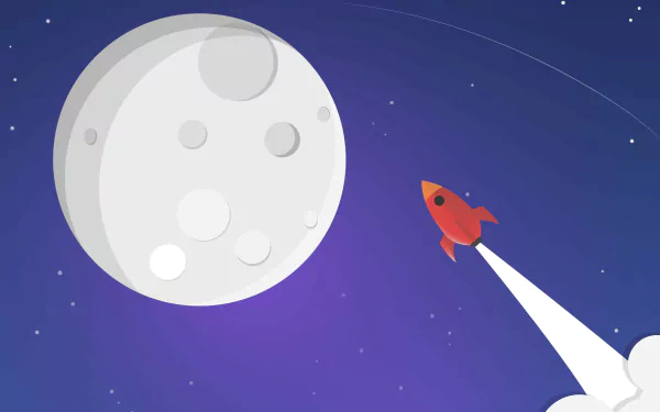 4K Ultra HD Sci-Fi desktop wallpaper featuring a red rocket blasting off towards a large, cratered moon against a starry night sky.