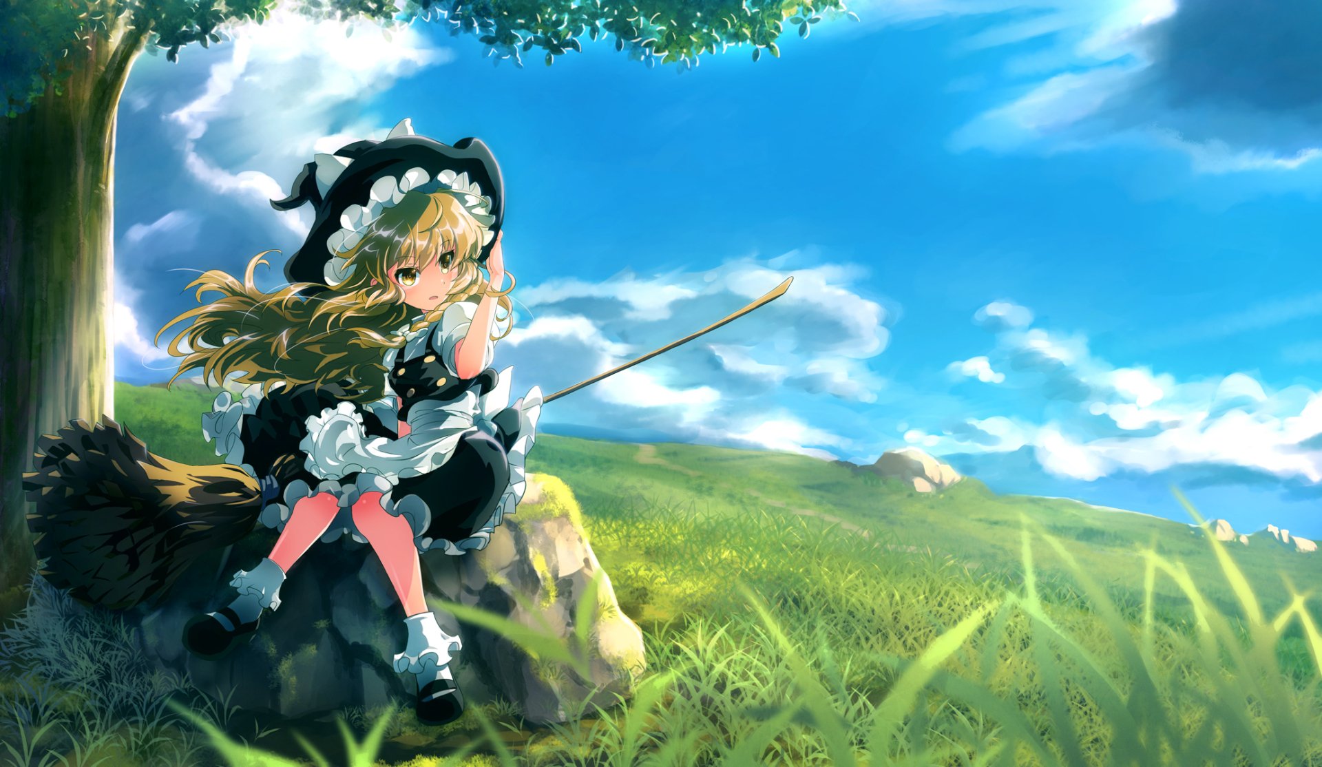 HD PC wallpaper: Marisa Kirisame (Touhou) in anime style, sitting on a grassy hill under a bright blue sky, wearing her black dress and witch hat, holding a broom.