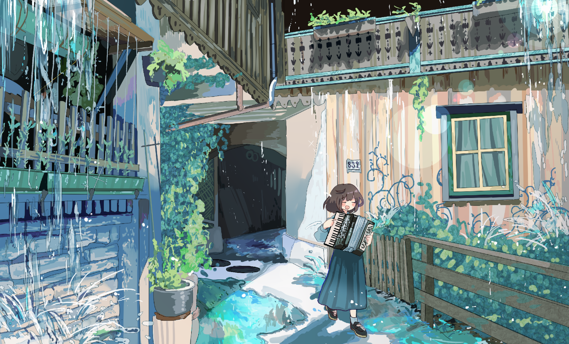 Anime-style original HD wallpaper of a blushing girl with short brown hair playing an accordion in a sunlit, plant-filled alleyway.