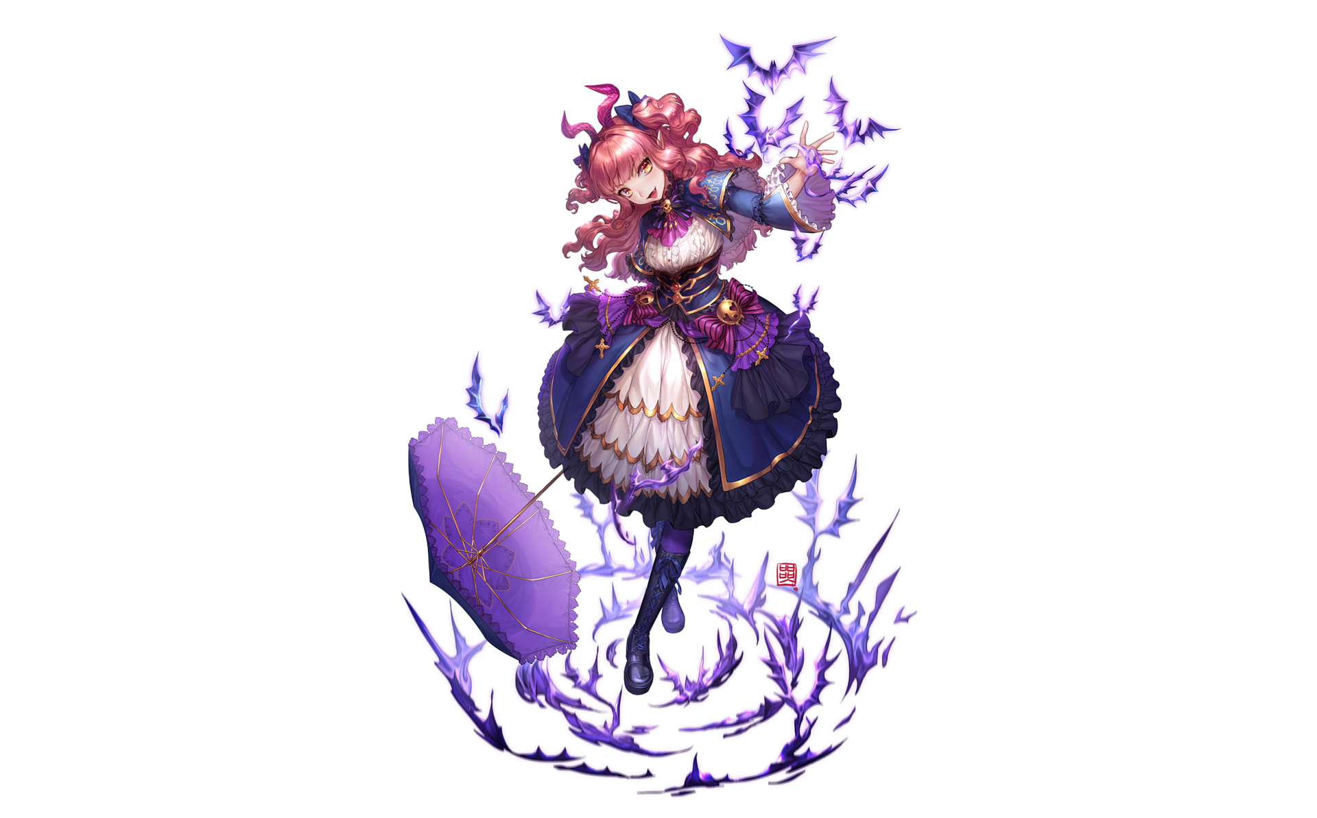 Anime-style original character with brown long twintails, yellow eyes, and vampire fangs, smiling while holding an umbrella surrounded by bats, designed as an HD PC wallpaper.