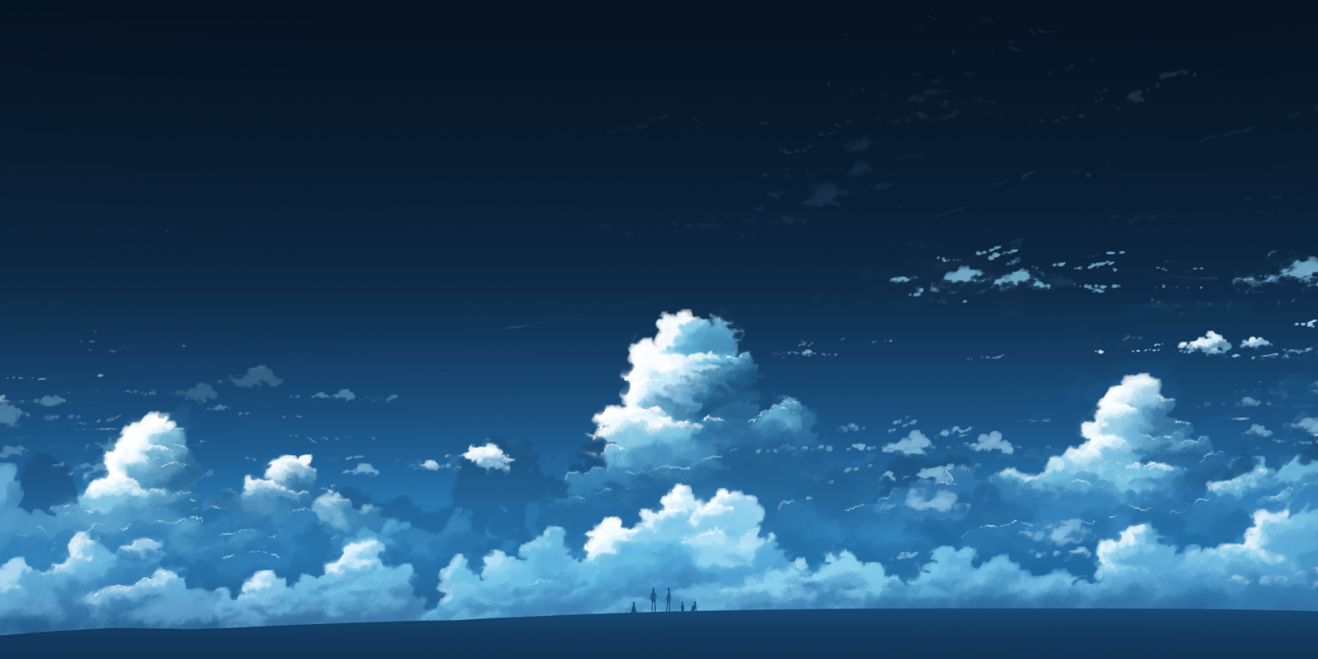 Anime original 2K Quad HD PC desktop wallpaper: deep blue sky with towering cumulus clouds above a distant coastal skyline.