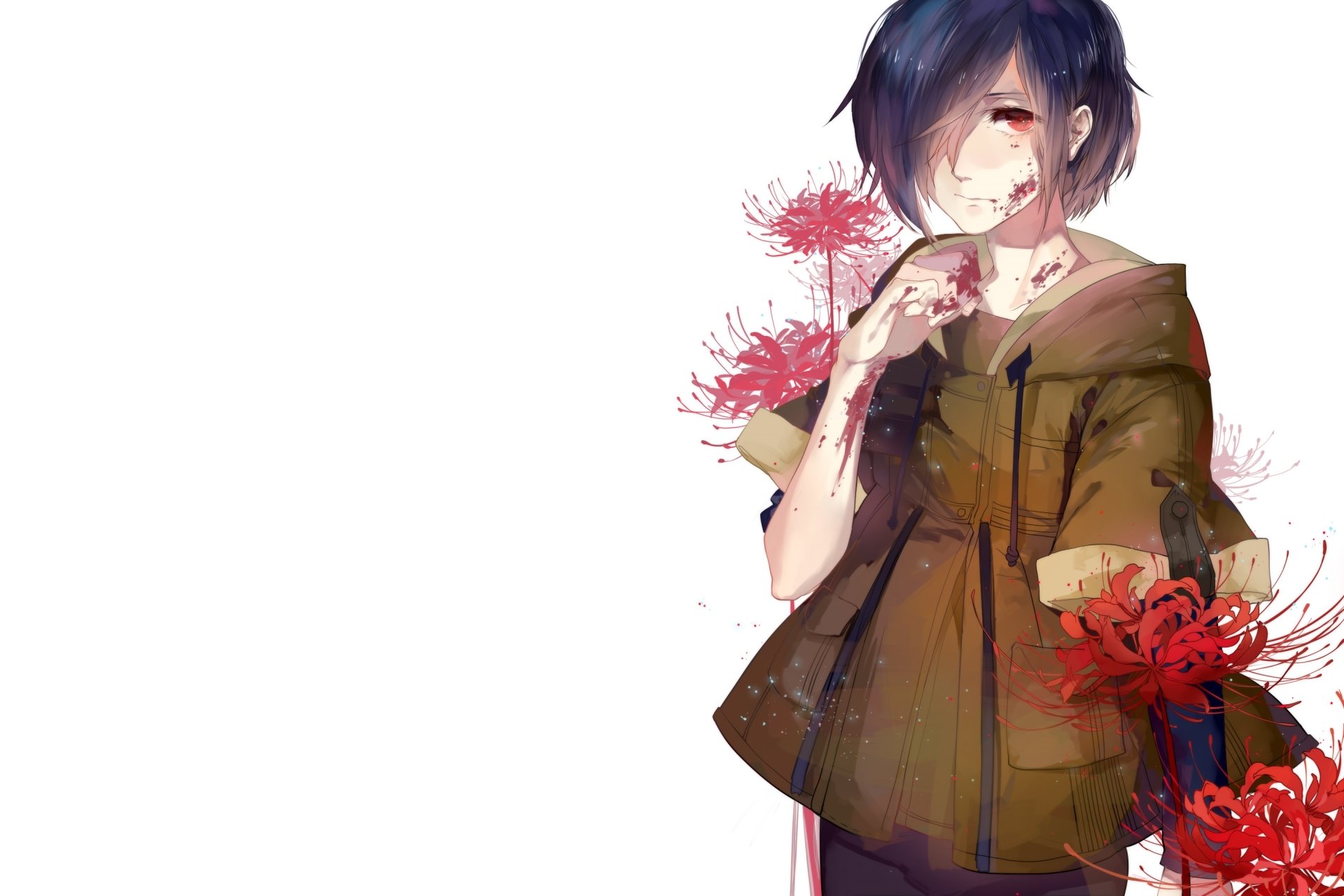 HD anime desktop wallpaper featuring Touka Kirishima from Tokyo Ghoul, depicted with red spider lilies and a soft, expressive art style on a white background.