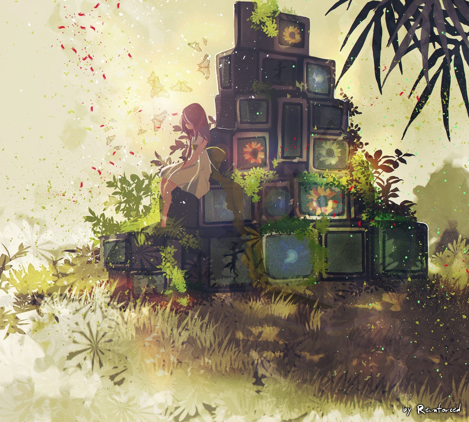 Anime-style HD desktop wallpaper featuring a long-haired brown-haired girl with a bow, sitting among stacked old televisions surrounded by flowers and petals.