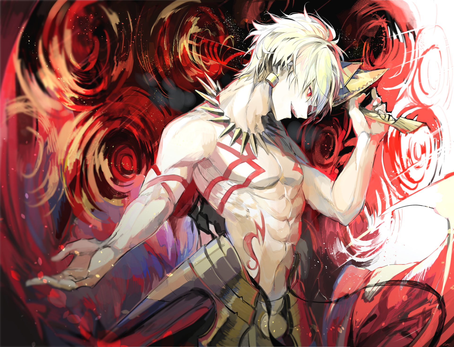 HD anime desktop wallpaper featuring Gilgamesh from Fate/Grand Order, showcasing dynamic art with fiery red and black swirling background.