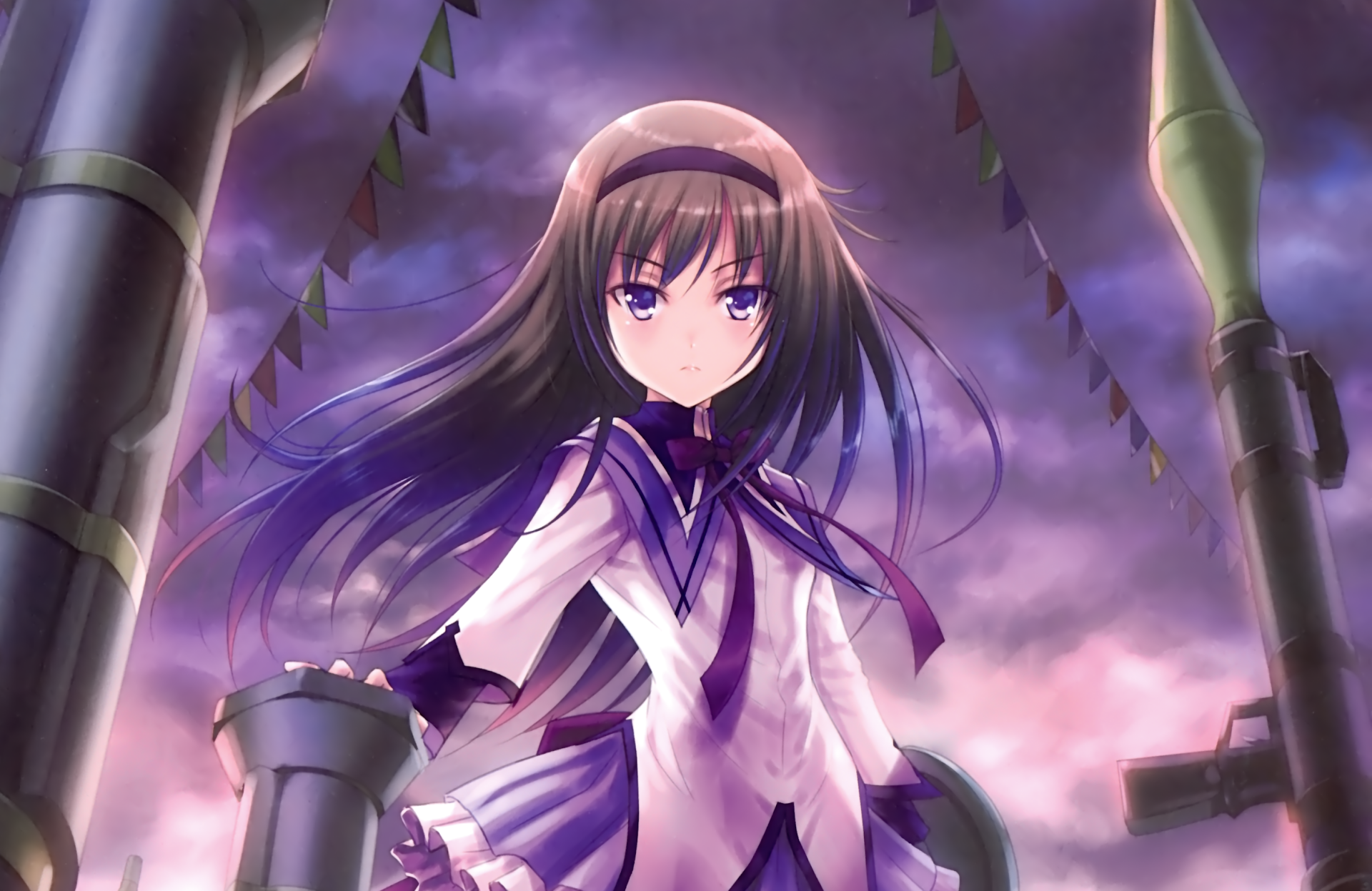 2K Quad HD PC wallpaper of a resolute anime girl in a sailor uniform standing amid metal pillars beneath a stormy purple sky, windswept hair and intense violet eyes.