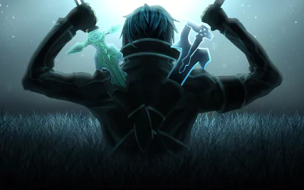 HD PC desktop wallpaper featuring Kirito from Sword Art Online, shown from behind holding two glowing swords in a dark, atmospheric anime scene.