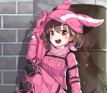 HD wallpaper featuring Karen Kohiruimaki as LLENN from the anime Sword Art Online Alternative: Gun Gale Online, dressed in her signature pink outfit, holding a pink gun with a cheerful expression.