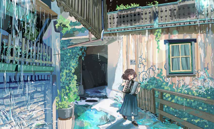 Anime-style original HD wallpaper of a blushing girl with short brown hair playing an accordion in a sunlit, plant-filled alleyway.