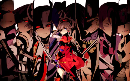 HD desktop wallpaper of various Fate/Grand Order characters including Yagyuu Munenori, Tomoe Gozen, Shuten Dōji, Mochizuki Chiyome, Miyamoto Musashi, Minamoto no Yorimitsu, Houzouin Inshun, Assassin, and Ashiya Dōman.