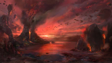 A high-definition fantasy landscape wallpaper showing a smoking volcano by a serene body of water, with an intense sunset casting dramatic light over the scene.