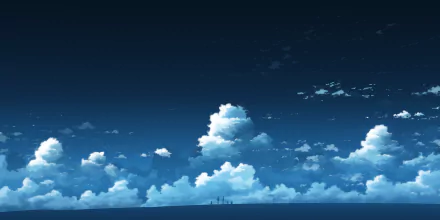 Anime original 2K Quad HD PC desktop wallpaper: deep blue sky with towering cumulus clouds above a distant coastal skyline.