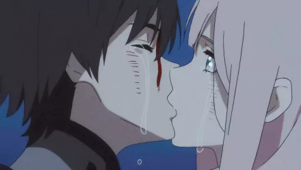 Hiro and Zero Two from Darling in the FranXX share an emotional moment, with tears streaming down their faces. This HD anime desktop wallpaper captures the intense bond between the characters.