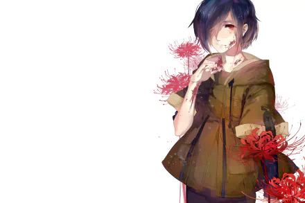 HD anime desktop wallpaper featuring Touka Kirishima from Tokyo Ghoul, depicted with red spider lilies and a soft, expressive art style on a white background.