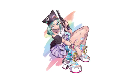 HD anime original desktop wallpaper: short green-haired girl with blue eyes, hat, tattoos and a bandage, crouching with a gun in a pastel outfit and platform sneakers.