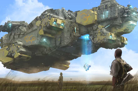 A futuristic spaceship with gun-like features hovers over a field as two figures observe, captured in 4K Ultra HD for a sci-fi PC desktop wallpaper and background.