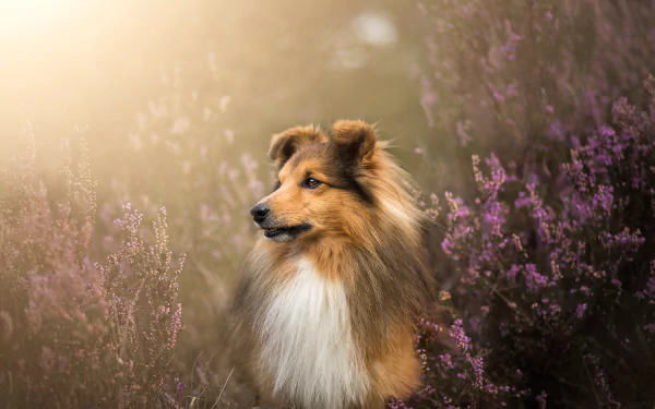 5K Ultra HD desktop wallpaper: a Shetland sheepdog (dog, animal) sitting amid purple flowers in warm golden light.