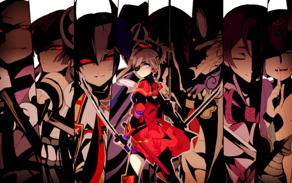 HD desktop wallpaper of various Fate/Grand Order characters including Yagyuu Munenori, Tomoe Gozen, Shuten Dōji, Mochizuki Chiyome, Miyamoto Musashi, Minamoto no Yorimitsu, Houzouin Inshun, Assassin, and Ashiya Dōman.