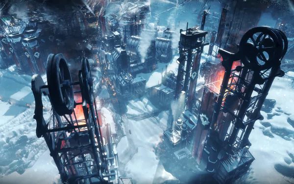 HD Frostpunk game wallpaper featuring a snowy cityscape with glowing red structures and industrial machinery.