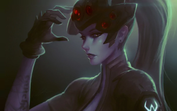 Widowmaker (Amélie Lacroix) from Overwatch, 2K Quad HD desktop wallpaper: purple-haired sniper with ponytail and helmet, yellow eyes, glove, tattoo and piercing, lit in teal and shadow.