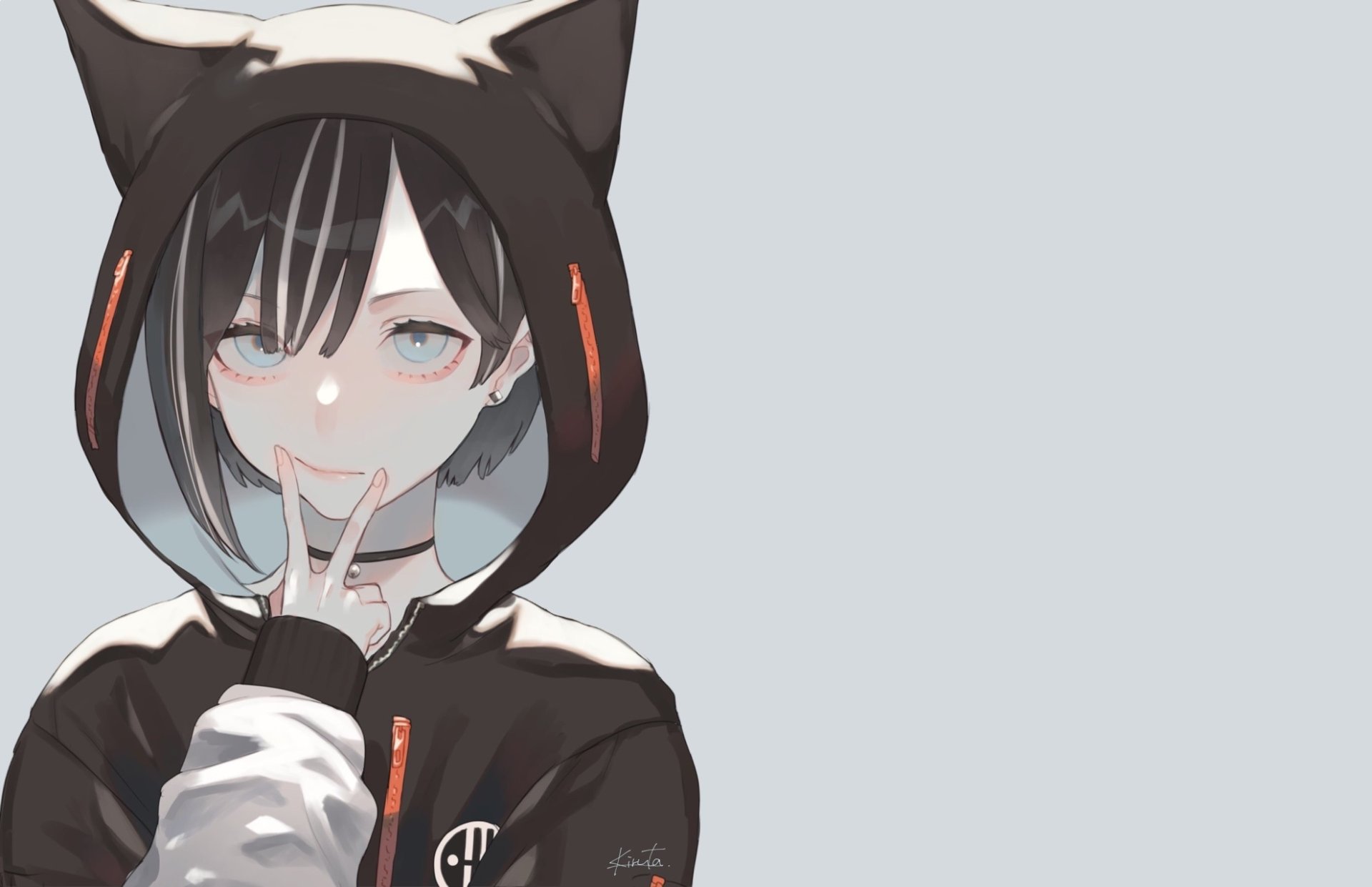 Download Earrings Blue Eyes Hoodie Black Hair Short Hair Anime Original HD Wallpaper by Kirudai