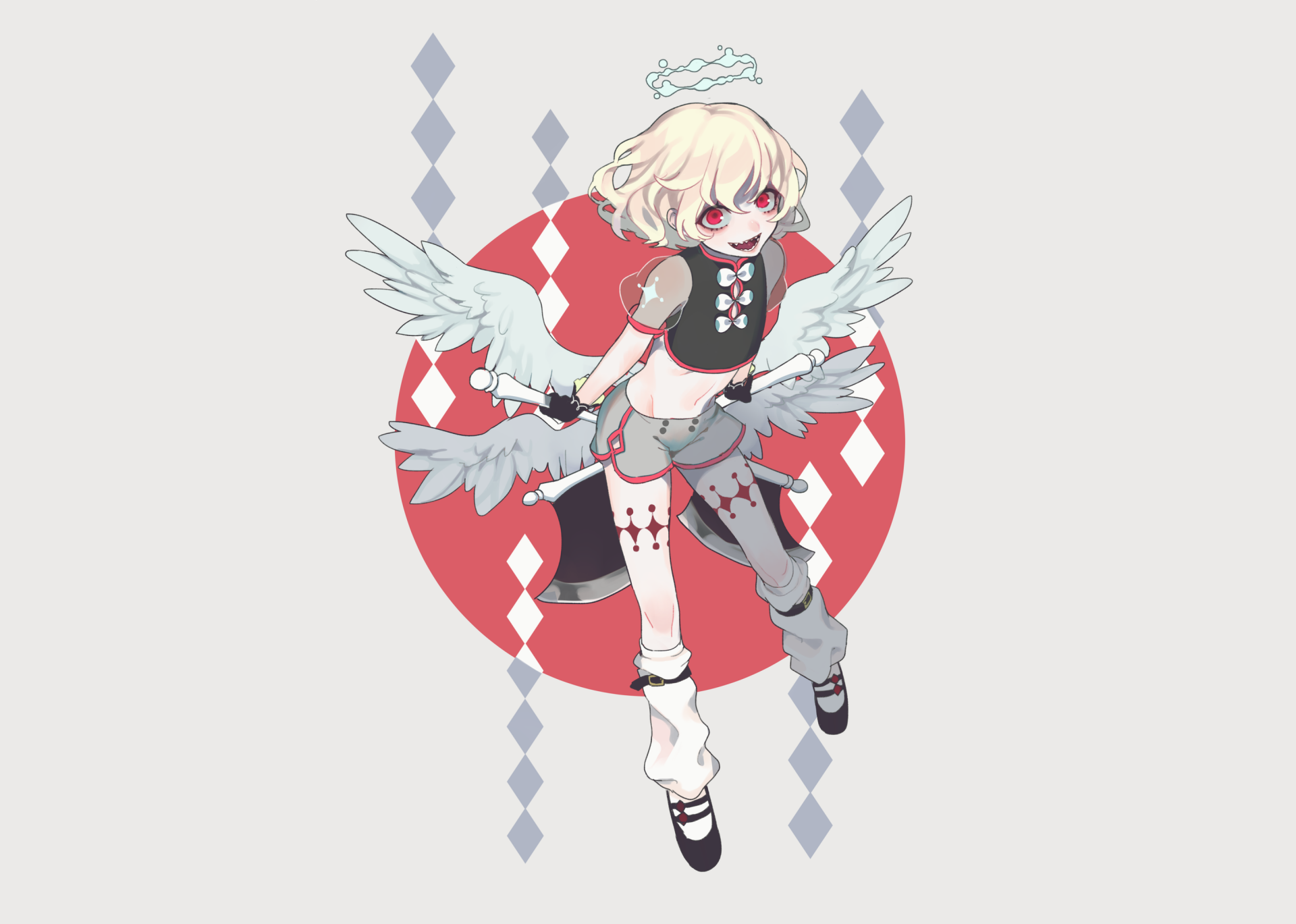 Anime angel with short blonde hair and red eyes smiles, wielding an axe; white wings spread against a red circle with diamond pattern — 2K Quad HD PC desktop wallpaper