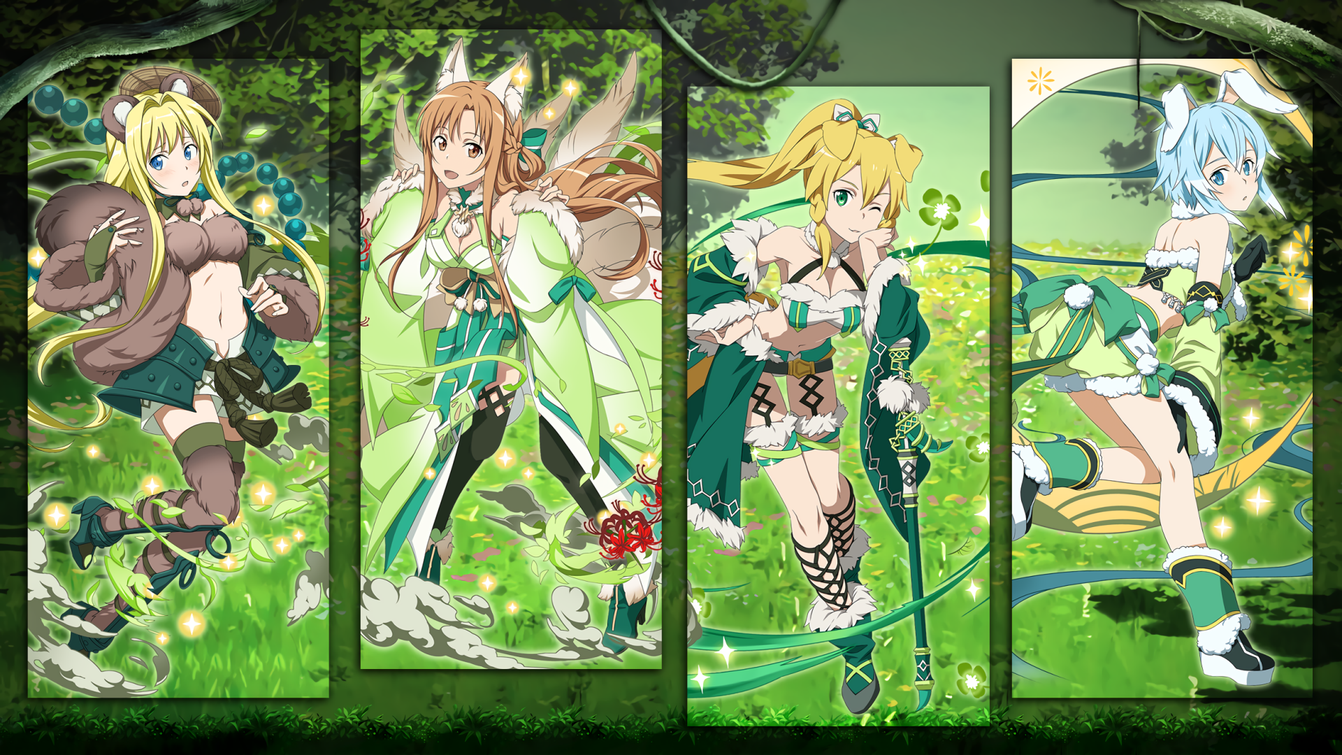 HD PC desktop wallpaper featuring anime characters with animal ears from Sword Art Online: Memory Defrag, showcasing vibrant green tones and dynamic poses.