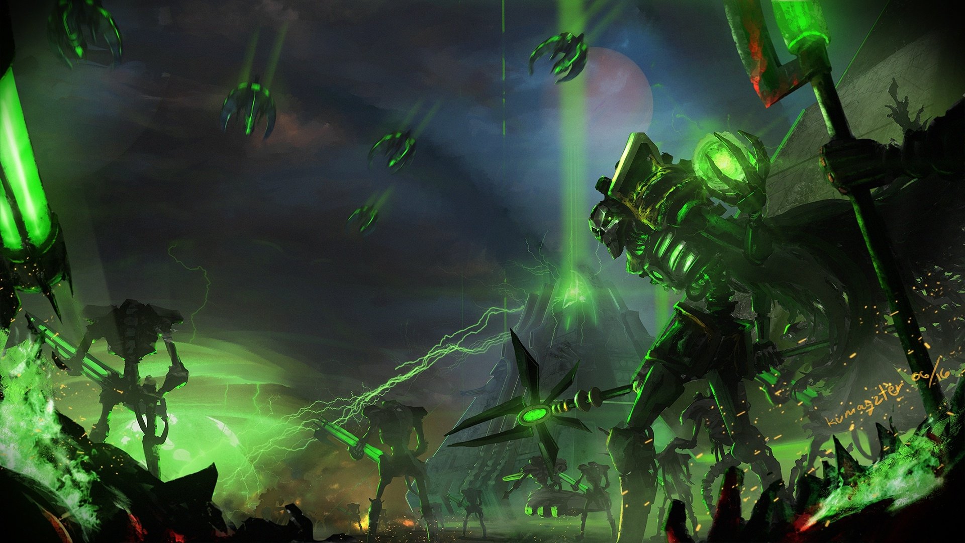 Futuristic Warhammer 40k warrior unleashes a green energy beam against towering mechanical creatures in a dark, stormy battlefield, captured in HD video game style.