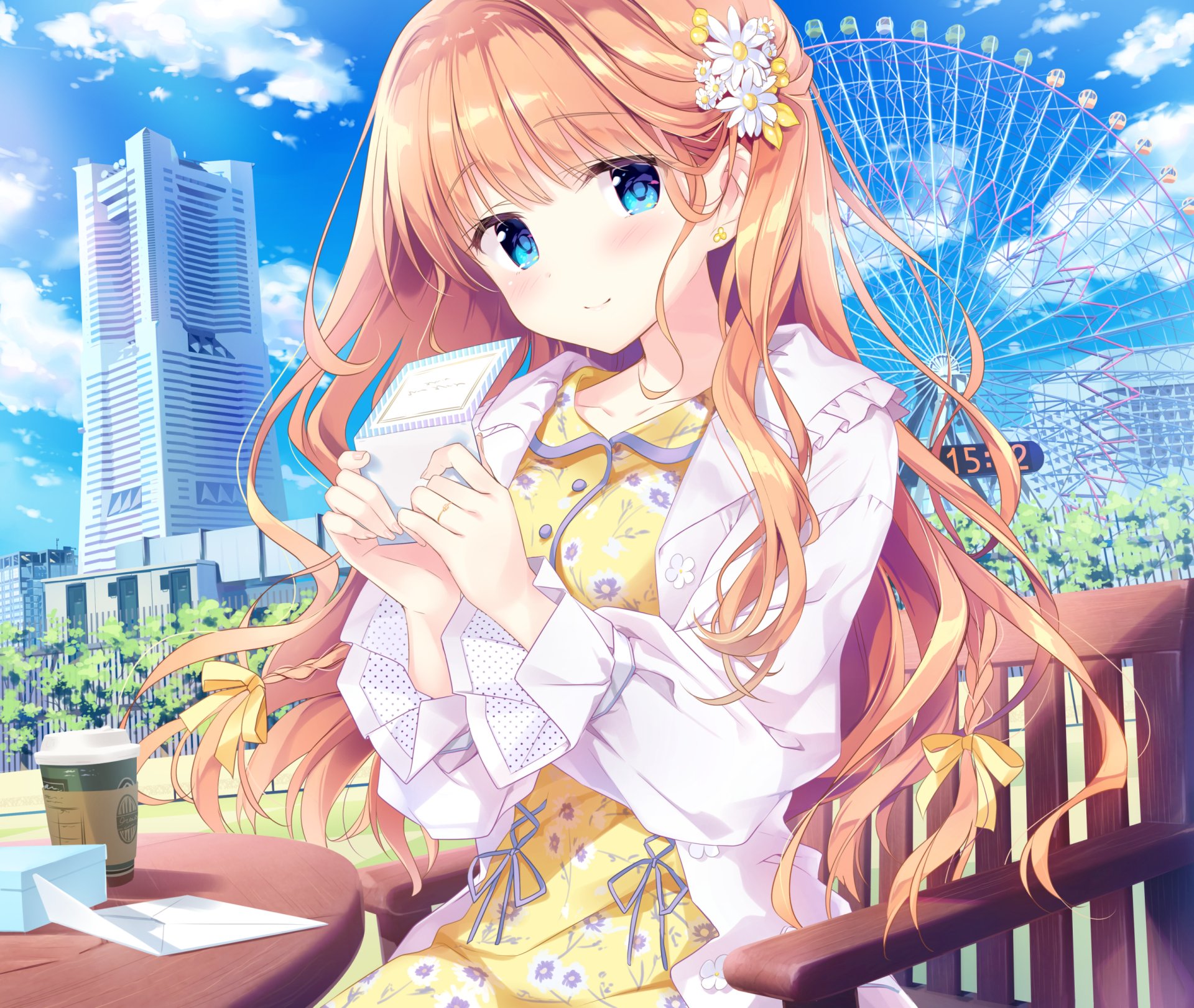 Anime original HD desktop wallpaper of a smiling blonde with long hair and blue eyes, slight blush, holding a letter and coffee; ferris wheel and flowers in a bright city background.