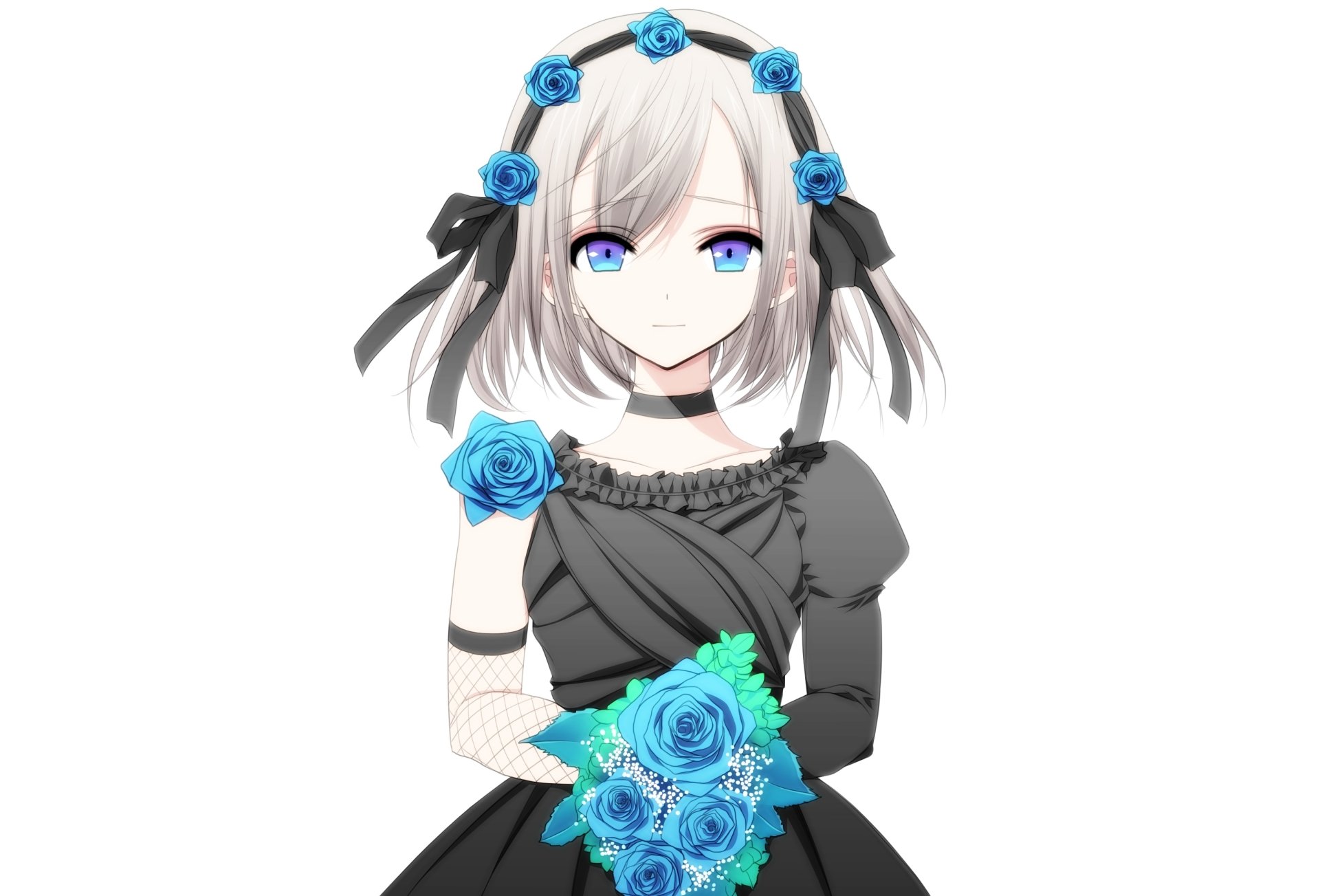 Anime-style original character with short grey hair, blue eyes, and a black dress adorned with blue roses, wearing a headband with bows and flowers in this HD desktop wallpaper.