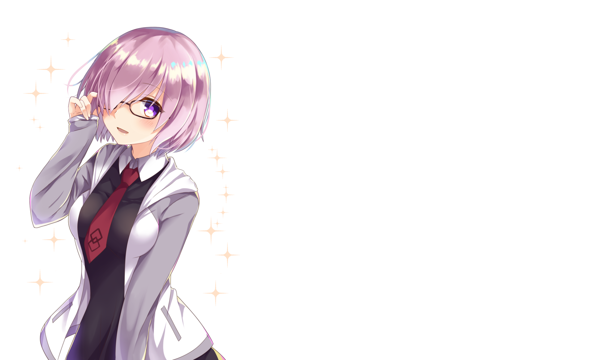 HD PC desktop wallpaper of Mashu Kyrielight from Fate/Grand Order — anime portrait with short pink hair, glasses and school uniform on a white background with sparkles.