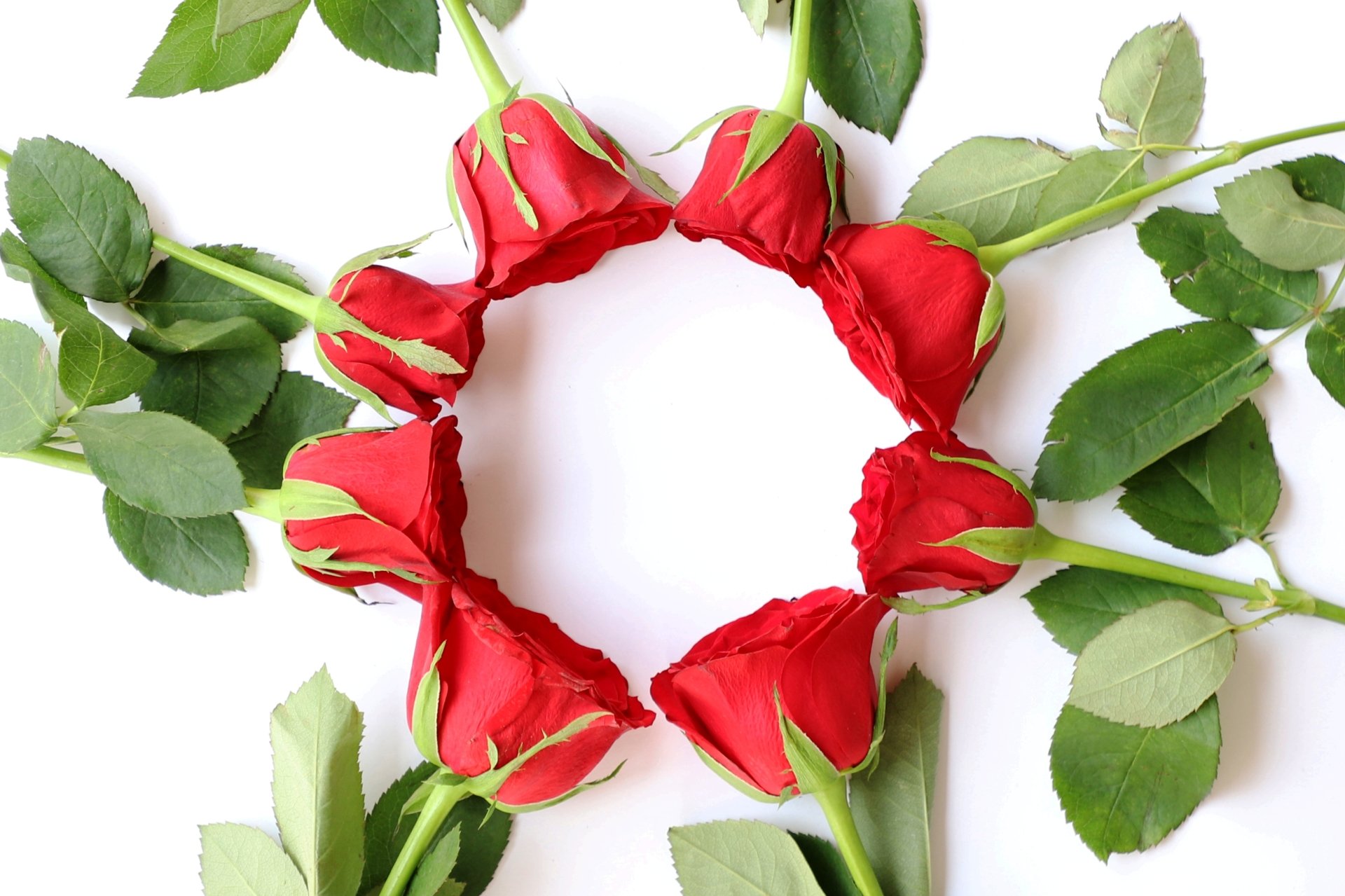 4K Ultra HD PC desktop wallpaper of man-made red rose flowers arranged in a circular wreath on a white background with green leaves.