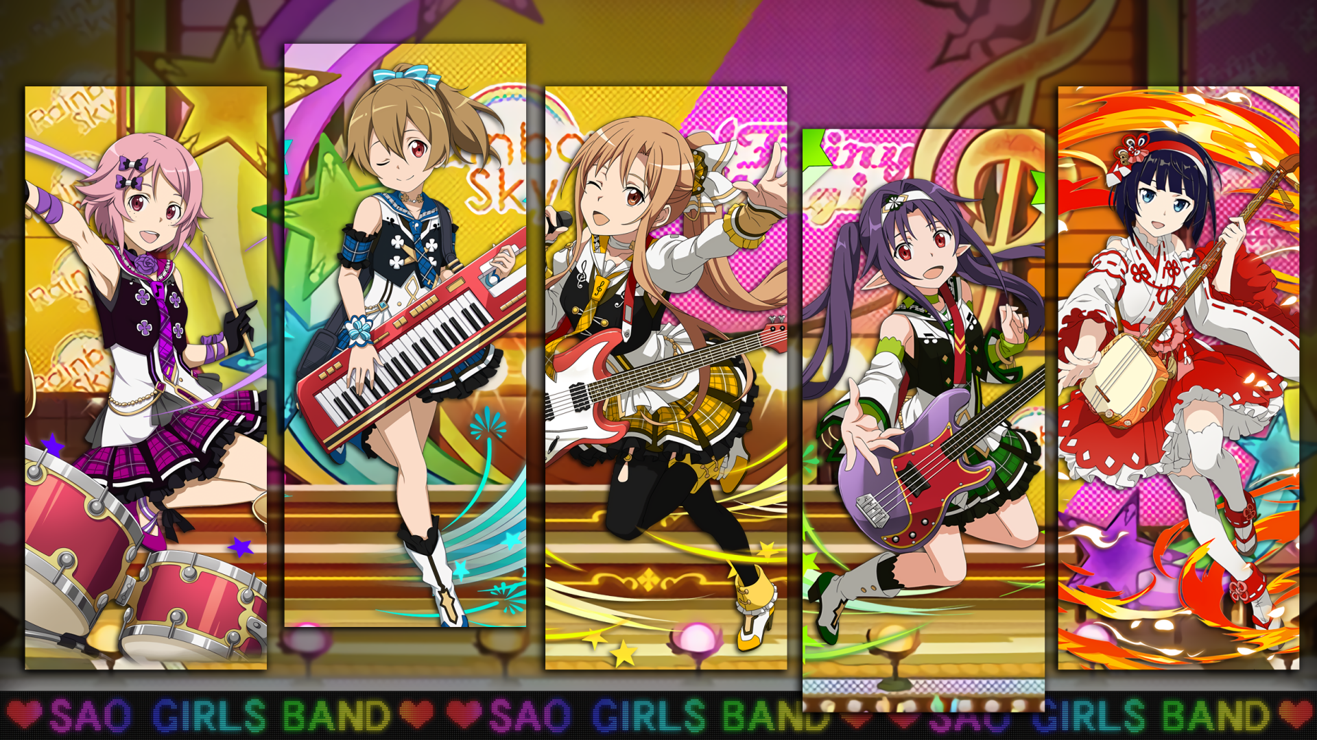 HD PC desktop wallpaper featuring Sword Art Online: Memory Defrag anime characters in vibrant band outfits, each holding musical instruments against a colorful stage backdrop.