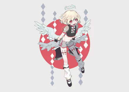 Anime angel with short blonde hair and red eyes smiles, wielding an axe; white wings spread against a red circle with diamond pattern — 2K Quad HD PC desktop wallpaper