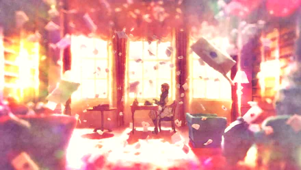 HD anime desktop wallpaper featuring Violet Evergarden sitting in a sunlit room with letters floating around, capturing the ethereal atmosphere of the Violet Evergarden series.
