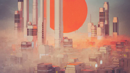 HD sci-fi cityscape wallpaper featuring towering futuristic buildings shrouded in fog with the sun looming in the background.