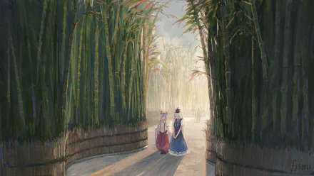 HD anime-style desktop wallpaper featuring Keine Kamishirasawa and Fujiwara no Mokou from Touhou, walking through a serene bamboo forest path.