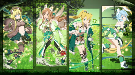 HD PC desktop wallpaper featuring anime characters with animal ears from Sword Art Online: Memory Defrag, showcasing vibrant green tones and dynamic poses.