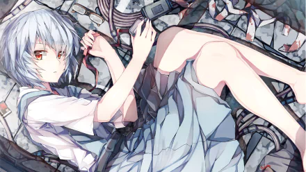 HD anime desktop wallpaper featuring Rei Ayanami from Neon Genesis Evangelion, depicted lying down with a detailed and soft color palette.