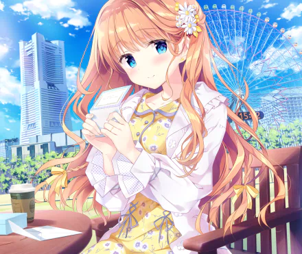 Anime original HD desktop wallpaper of a smiling blonde with long hair and blue eyes, slight blush, holding a letter and coffee; ferris wheel and flowers in a bright city background.