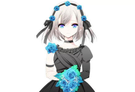 Anime-style original character with short grey hair, blue eyes, and a black dress adorned with blue roses, wearing a headband with bows and flowers in this HD desktop wallpaper.