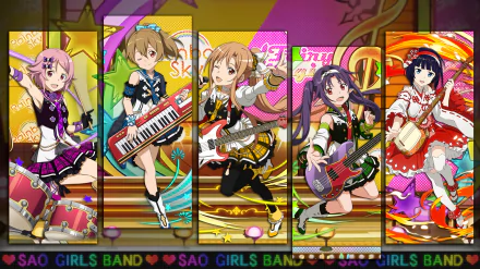 HD PC desktop wallpaper featuring Sword Art Online: Memory Defrag anime characters in vibrant band outfits, each holding musical instruments against a colorful stage backdrop.