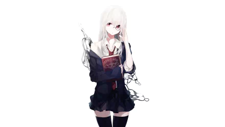 4K Ultra HD anime girl with long white hair, wearing a monocle and dark school uniform, holding a book with glowing strands around her.