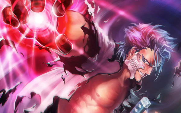 HD anime wallpaper featuring Grimmjow Jaegerjaquez from Bleach, showcasing intense action with vibrant pink and red energy effects.