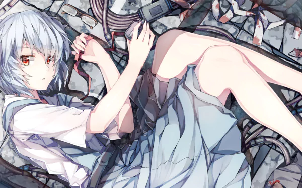 HD anime desktop wallpaper featuring Rei Ayanami from Neon Genesis Evangelion, depicted lying down with a detailed and soft color palette.